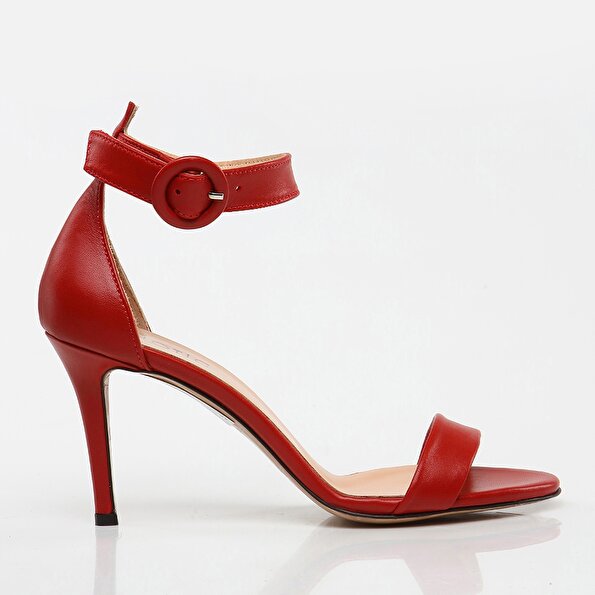 Resim Hakiki Deri Kırmızı Kadın Topuklu Sandalet
