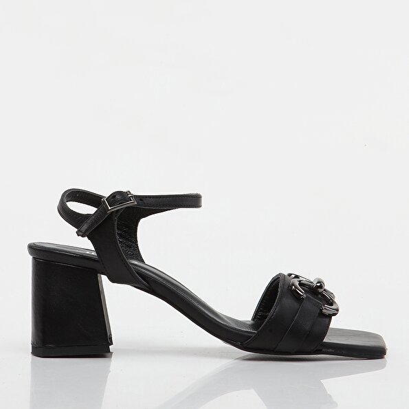 Resim Hakiki Deri Siyah Kadın Topuklu Sandalet